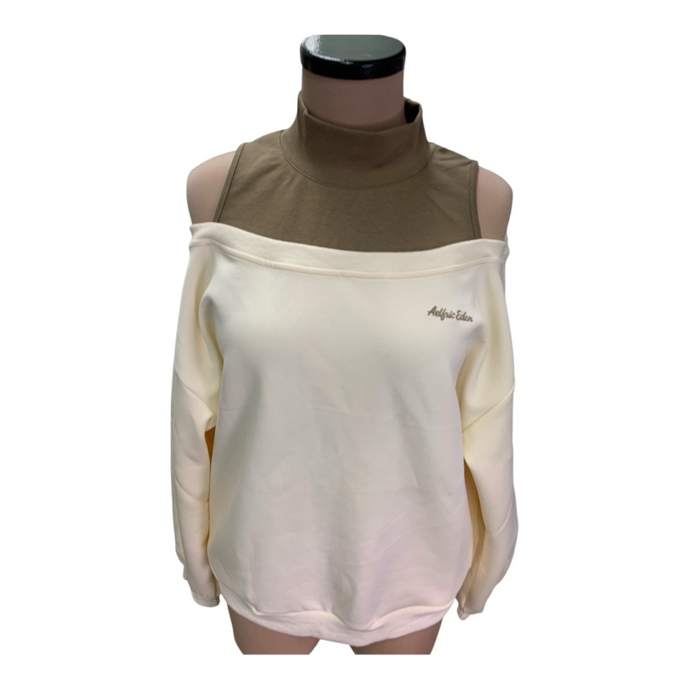 Aelfric Eden Women's Layered Off the Shoulder Logo Sweatshirt XL Cream/Brown